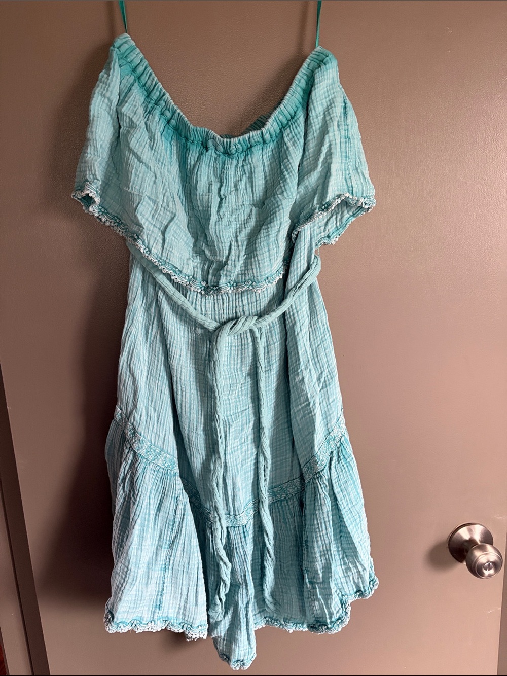 Light Aqua Strapless Summer Dress with Waist Tie
